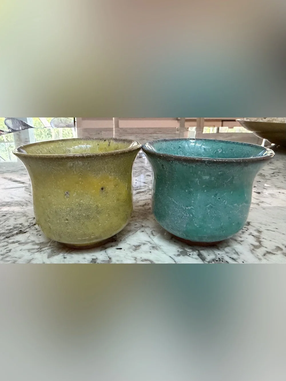 POTERIES DE LA VALLEE NOIRE FRANCE ARTISAN MADE MUG SET - Yellow & Turquoise